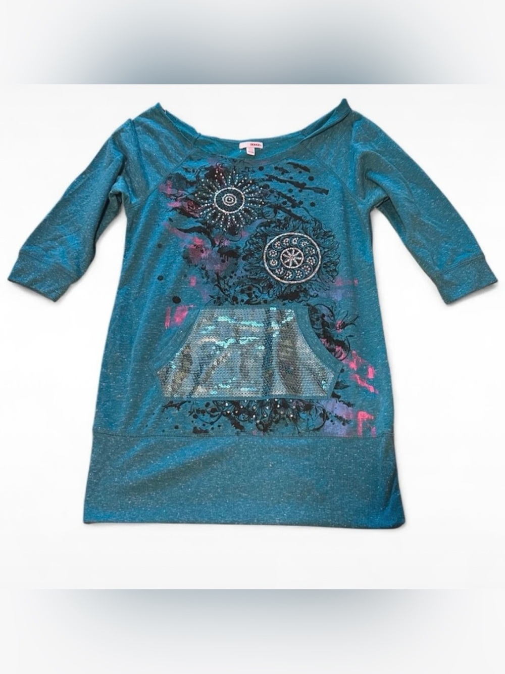 y2k deadstock bongo blue sequin patterned off the shoulder sweatshirt